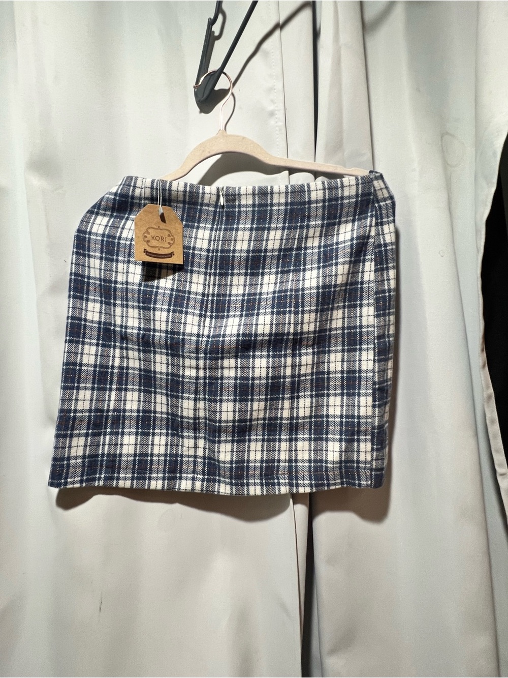 KORI Plaid Mini Skirt Medium Navy Cream Preppy Fall Academia - Picture 2 of 5